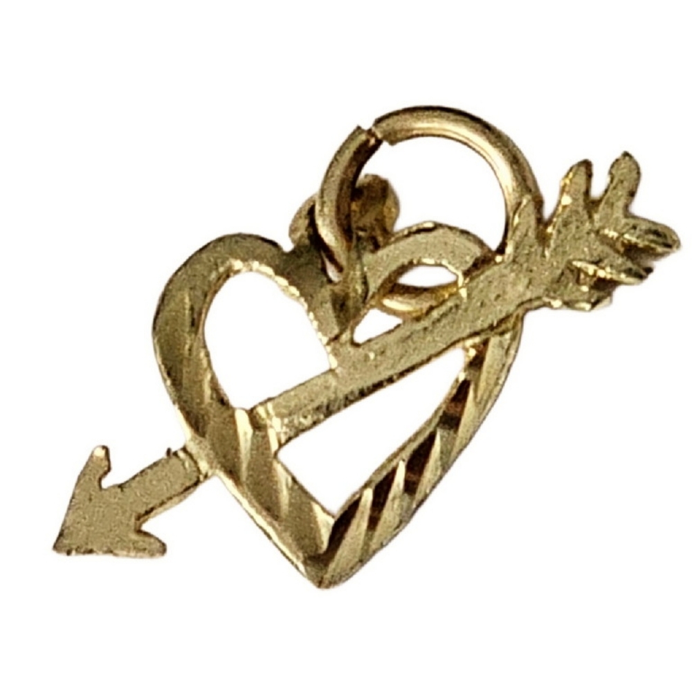 14k Gold Small Vintage Heart & Arrow Cupid Pendant Charm